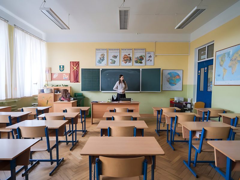 classroom-with-green-chalkboard-with-woman-standing-front-it